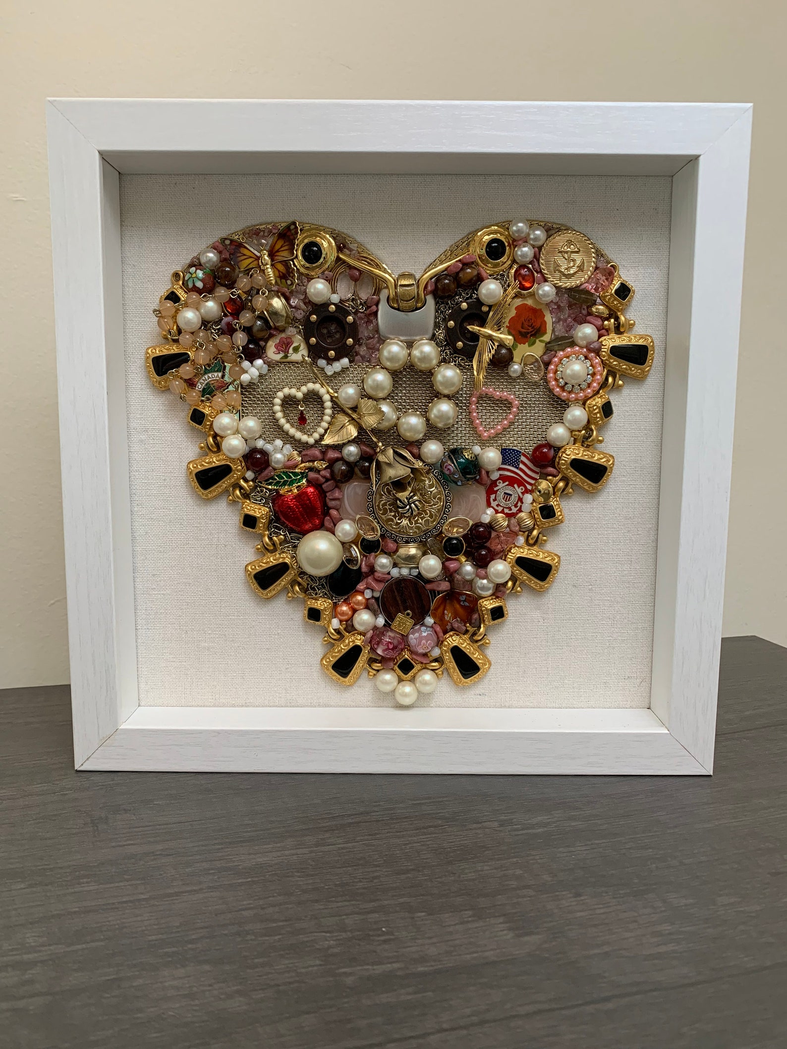 Vintage Jewelry Heart in White Shadow box frame Jewelry Art Etsy