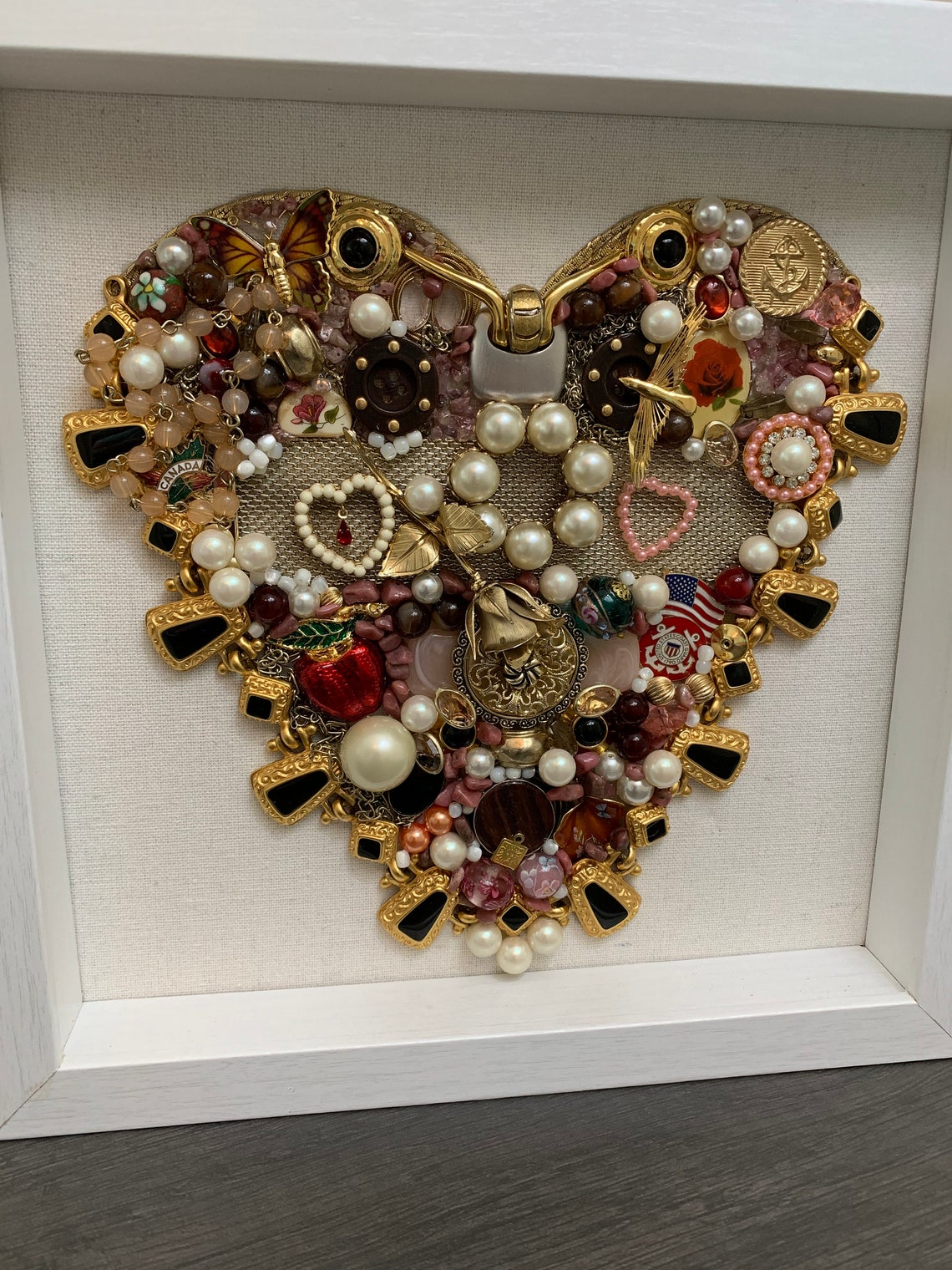 Vintage Jewelry Heart in White Shadow box frame Jewelry Art Etsy