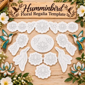 May include: A Hummingbird Floral Regalia Template set featuring white felt cutouts with outline designs of hummingbirds and lotus flowers, alongside two finished beaded hummingbird appliqués and two finished beaded lotus flower appliqués.