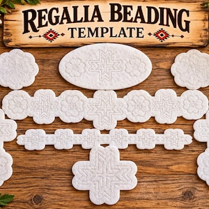 May include: A white Regalia Beading Template set featuring various shapes including an oval, crosses, and scalloped circles, all with intricate embossed geometric patterns. The template pieces are arranged on a wooden surface with a wooden sign.