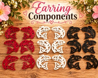 May include: A collection of fish-shaped earring components arranged in three columns of red, white, and black. Each piece features a cutout tribal-style pattern. The text "Earring Components" is printed at the top center of the image.
