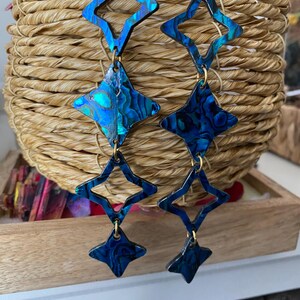 May include: A pair of long dangle earrings featuring alternating iridescent blue abalone shell segments and open star-shaped frames. The earrings are constructed with gold-toned metal jump rings connecting the four distinct geometric components.