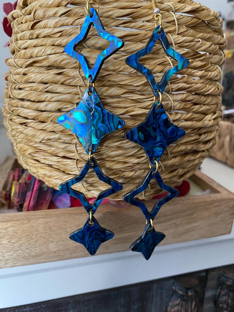 May include: A pair of long dangle earrings featuring alternating iridescent blue abalone shell segments and open star-shaped frames. The earrings are constructed with gold-toned metal jump rings connecting the four distinct geometric components.