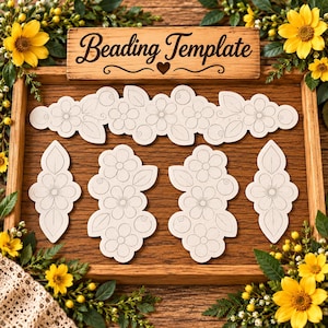 May include: A wooden beading template board featuring the text Beading Template with a heart icon. The board includes six light-coloured wooden cutouts with floral and leaf outlines, arranged in a horizontal strip and five individual shapes.