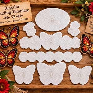 May include: A Regalia Beading Template set featuring white felt butterfly and flower shapes, two finished beaded butterfly ornaments in orange, yellow, and black, and wooden signs labeled Regalia Beading Template and Finished Product Sample.
