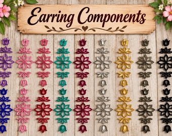 May include: A collection of ten vertical earring components arranged in a row, each featuring a repeating floral and petal-like pattern in various colors including purple, pink, red, teal, burgundy, silver, gold, dark gray, and black.