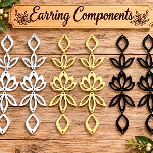 May include: Six vertical earring components arranged in pairs of silver, gold, and black. Each piece features a repeating cutout floral or leaf-like pattern with small holes for assembly. A wooden sign above reads Earring Components.