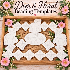 May include: A collection of white beading templates featuring deer silhouettes and geometric diamond shapes arranged in a wooden tray. The text Deer & Floral Beading Templates is printed at the top. The templates are surrounded by pink flowers.