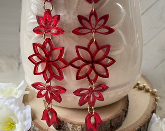 Native Inspired Gold Floral Dangle Earrings, Long Jewelry