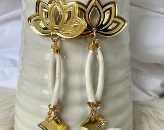Dentalium Earrings: Gold Lotus, Indigenous Powwow Jewelry