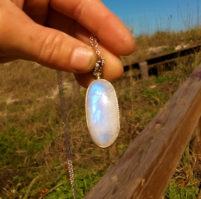 Rainbow moonstone and sterling silver Sterling silver necklace with Rainbow moonstone pendant Rainbow moonstone bezel pendant necklace
