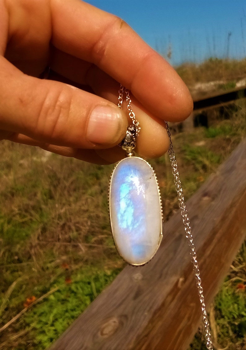 Rainbow moonstone and sterling silver Sterling silver necklace with Rainbow moonstone pendant Rainbow moonstone bezel pendant necklace