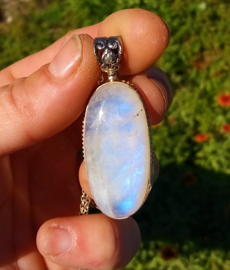 Rainbow moonstone and sterling silver Sterling silver necklace with Rainbow moonstone pendant Rainbow moonstone bezel pendant necklace