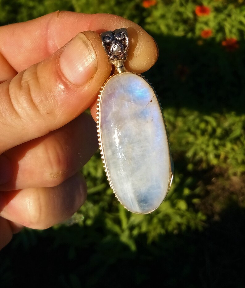 Rainbow moonstone and sterling silver Sterling silver necklace with Rainbow moonstone pendant Rainbow moonstone bezel pendant necklace