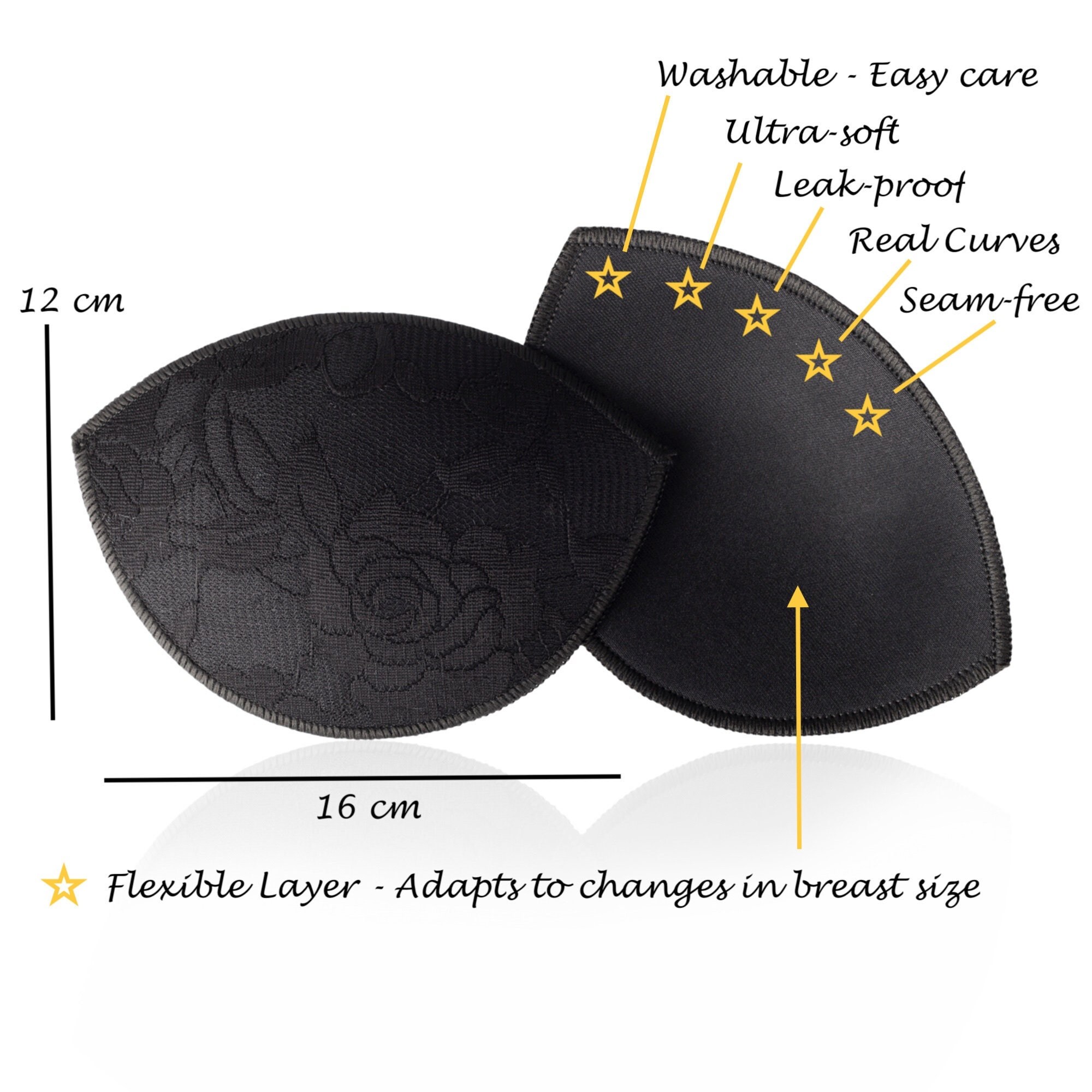 Luxury Curvy Nursing Slips maternity Pads / Bra Inserts. Leak-proof,  Washable, Super Soft Cotton. 2 Pairs 4 Pads Black Lace. 