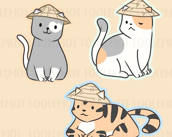 Vietnamese Rice Hat | Non La Cats | Vietnamese Culture | Rice Hats | Farmer | Kawaii Cat | Calico Sticker | Tiger Sticker | Vietnam | Asian