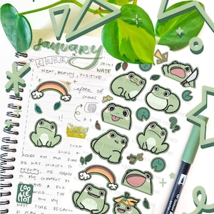 Cute Frogs Sticker Sheet | Planner Sticker Sheet Cute | Kawaii Sticker Sheet | Cottagecore Boho Frogs | Bulletjournal Planner Sticker