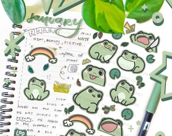 Cute Frogs Sticker Sheet | Planner Sticker Sheet Cute | Kawaii Sticker Sheet | Cottagecore Boho Frogs | Bulletjournal Planner Sticker