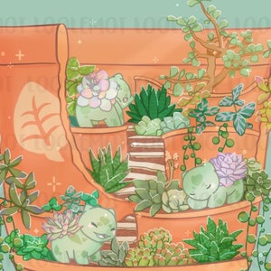 May include: A terracotta pot filled with various succulents and small green plants. The pot is broken open to reveal a layered interior with more plants and small green creatures.