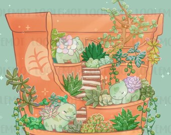 Bulbasaur Succulent Fairy Garden Art Print | Serene Succulent Garden Pot | Pokemon inspired art print | Cute Art Print | Kawaii Art Print