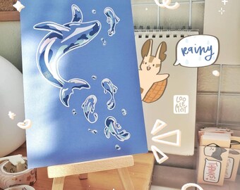 Rainy Whales Cute Art Print | Aesthetic Art Print | Minimalistic | Rainy Day | Rain Drops | Kawaii Art Print | Weathering with You Inspired