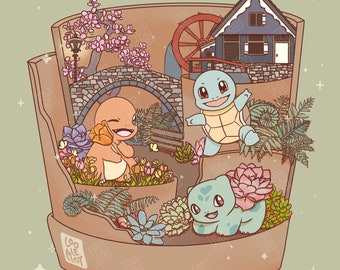 Charmander Squirtle Bulbasaur Fairy Garden Art Print | Pokemon inspired art print | Cute Kawaii Art Print |  Gen 1 Plant Starters Art Print