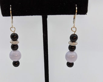 Blue Lace Semi Precious Bead and Black Glass Earrings with Silver accents are so Beautiful.