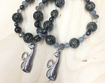 Charming Bracelet w/ Black Cracked Glass, and White Beads, and an Adorable Tall Sophisticated Cat Charm..