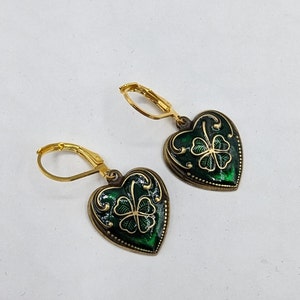 Brass hearts with green and gold enamel paint with Gold plated leverbacks. Wear as an Irish Tradition. image 6