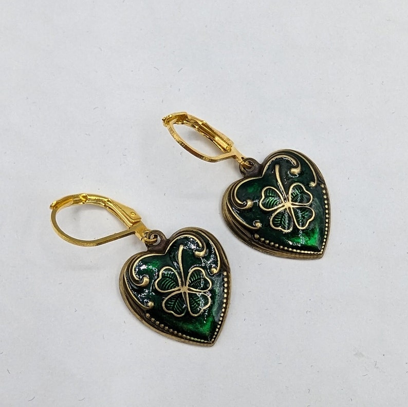 Brass hearts with green and gold enamel paint with Gold plated leverbacks. Wear as an Irish Tradition. image 6