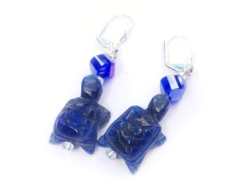 Turtle Glass Beads royal dark blue and Sterling Silver Leverbacks.