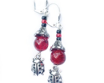 Ladybug dangle/drop earrings with Red Crystals and Sterling Silver Leverbacks