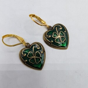 Brass hearts with green and gold enamel paint with Gold plated leverbacks. Wear as an Irish Tradition. image 2