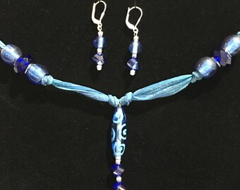 Amazing crystal/glass beads with satin ribbon necklace and matching earrings with Sterling Silver Leverbacks