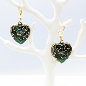 Brass hearts with green and gold enamel paint with Gold plated leverbacks. Wear as an Irish Tradition. image 4