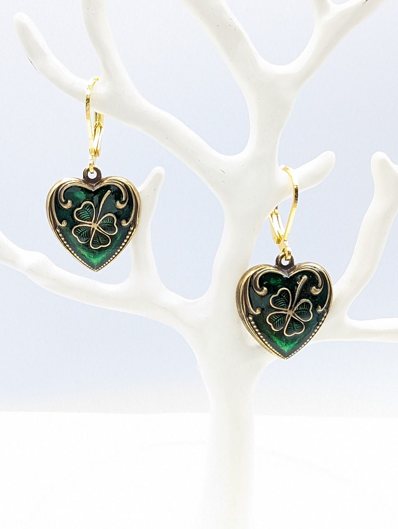 Brass hearts with green and gold enamel paint with Gold plated leverbacks. Wear as an Irish Tradition. image 4