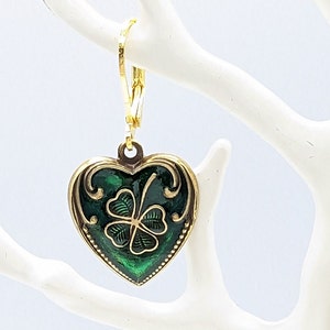 Brass hearts with green and gold enamel paint with Gold plated leverbacks. Wear as an Irish Tradition. image 3