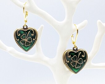 Brass hearts with green and gold enamel paint with Gold plated leverbacks.  Wear as an Irish Tradition.