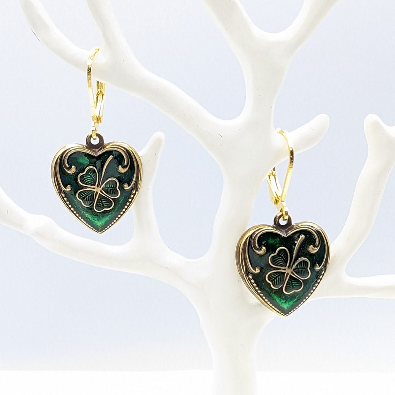 Brass hearts with green and gold enamel paint with Gold plated leverbacks. Wear as an Irish Tradition. image 1