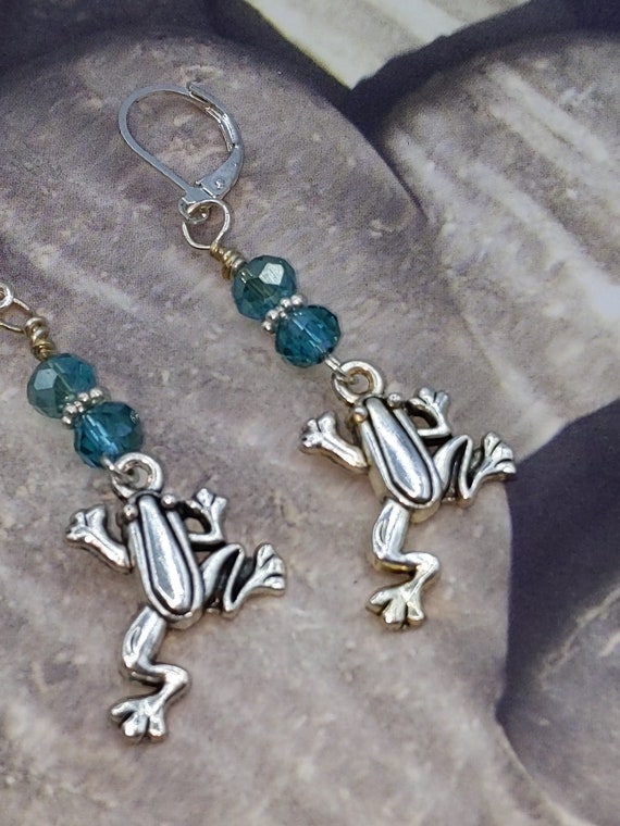 Frog Earrings With Green Glass Beads and Sterling Silver Leverback
