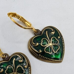 Brass hearts with green and gold enamel paint with Gold plated leverbacks. Wear as an Irish Tradition. image 5