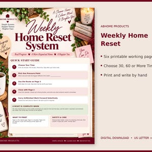 Könnte beinhalten: Ein digitaler Download für ein wöchentliches Home-Reset-System mit einer Schnellstartanleitung in fünf nummerierten Schritten, darunter Zeit wählen und einen Schwerpunkt wählen, sowie Abschnitten zum Drucken und zur Sicherheit.
