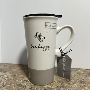 Bee Happy travel mug hand painted ceramic