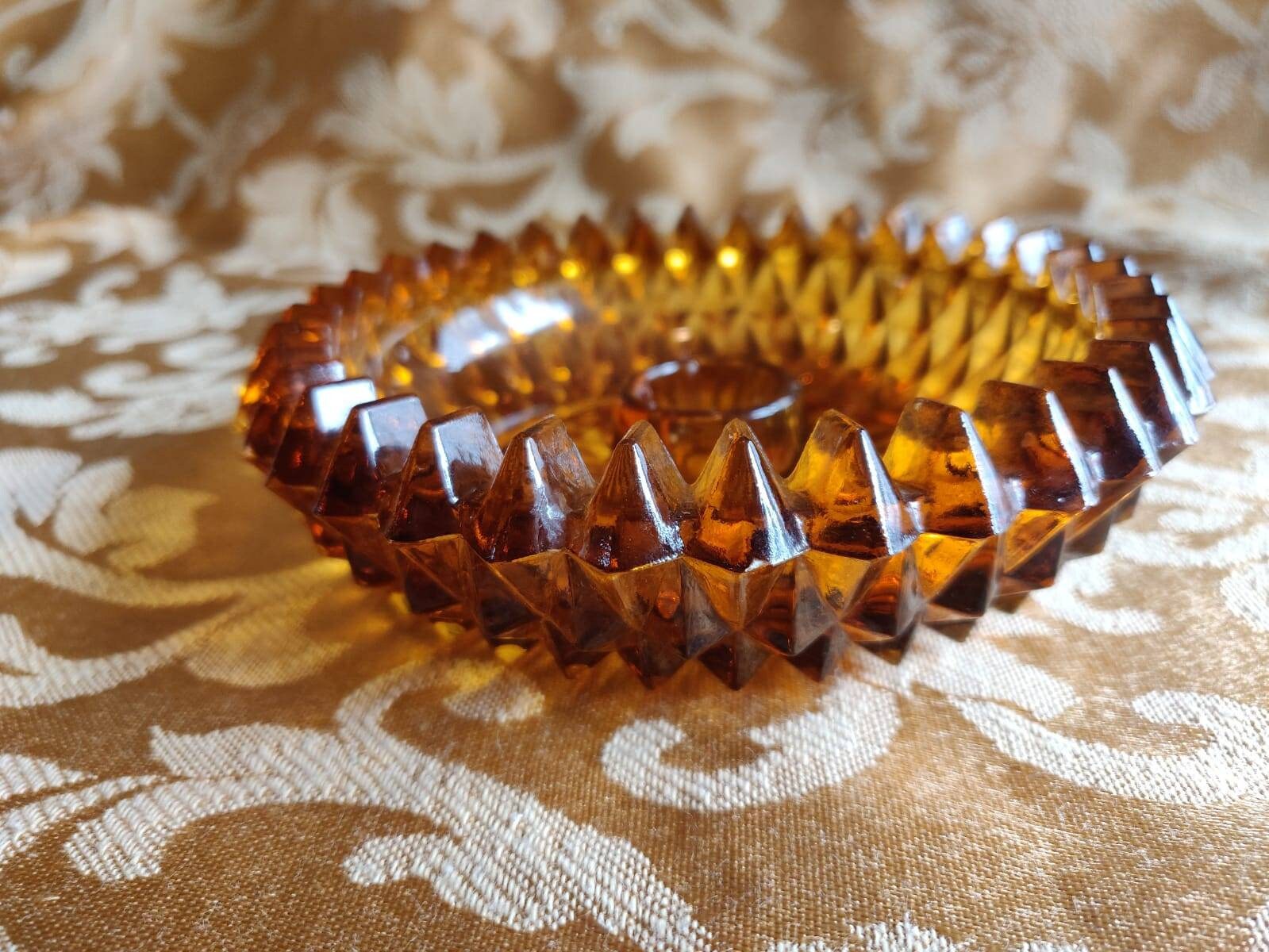 Amber Brilliant Cut Glass DiamondPattern Candle Holder Etsy