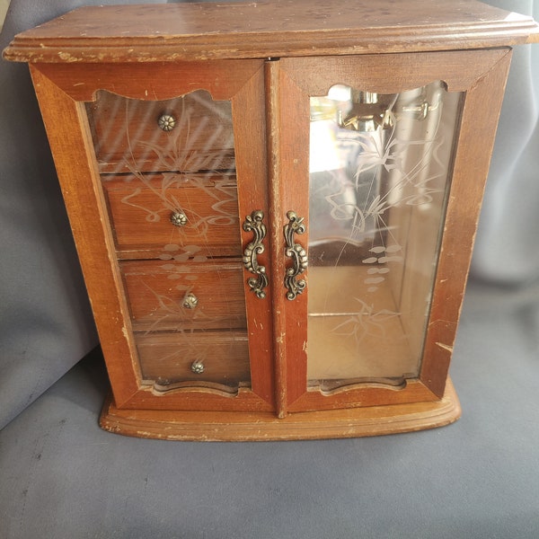 Vintage Etched Glass Jewelry Box