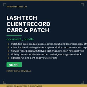 Peut inclure: Un ensemble de documents numériques bleu foncé intitulé Lash Tech Client Record Card & Patch par Artisan Estates Co. Il comprend des sections pour les tests épicutanés, les antécédents des clients, les dossiers de service et le consentement.
