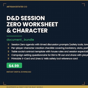 May include: A dark blue digital document bundle titled D&D SESSION ZERO WORKSHEET & CHARACTER by Artisan Estates Co. It includes a session agenda, character creation checklist, table social contract, campaign questionnaire, and safety tool reference cards.