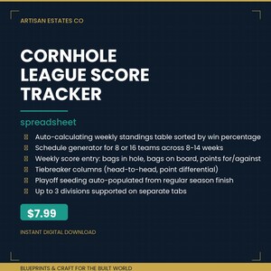Cornhole League Tracker Spreadsheet | Weekly Standings Schedule Points Calculator Season Manager Digital Download