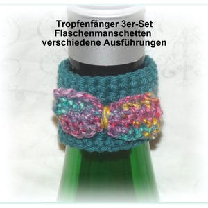 Tropfenfänger im Set mit Kärtchen, Flaschenmanschette gehäkelt
