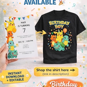 May include: Black "Birthday Boy" t-shirt featuring cartoon characters and the text "Birthday Boy". A matching birthday invitation is held in the hand. The invitation reads "Max is turning 7" and includes party details. The image also includes the text "Instant Download + Editable".